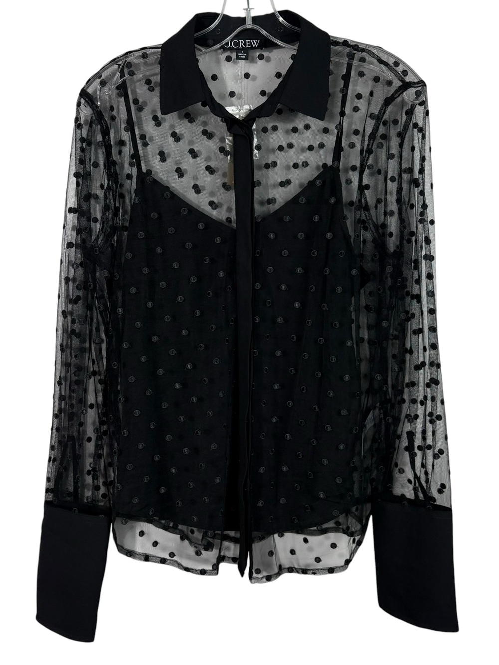 J.Crew Black Polka Dot Sheer Button Down Camisole Lined Top Blouse NWT Size 6